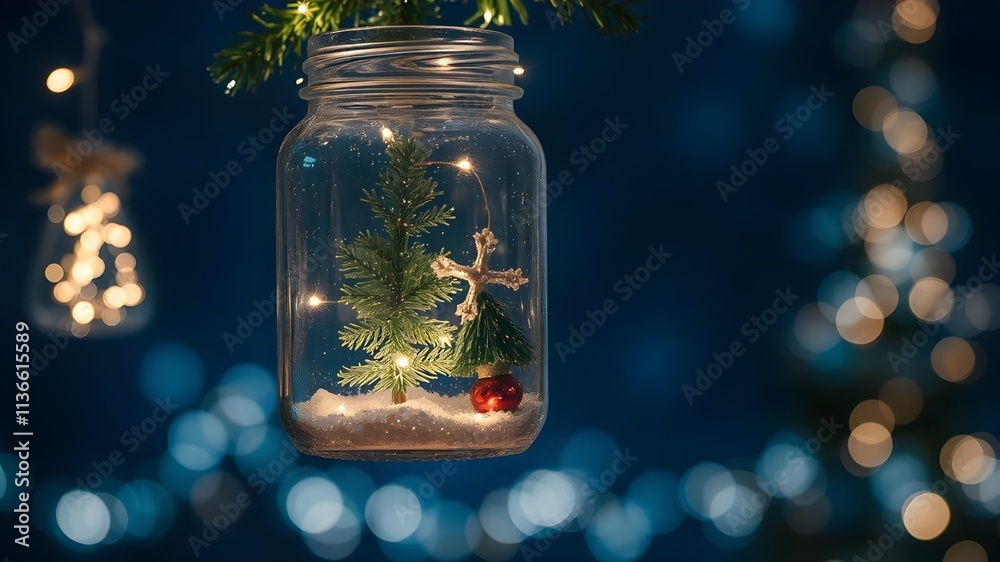 Closeup elegant Christmas tree and ornaments in hanging glass jar decoration with fairy lights. Greeting card or invitation template. Bright Christmas banners for ads, cover, social media