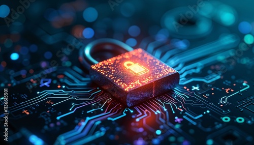 Futuristic Digital Padlock on Neon Circuit Board, Advanced Cybersecurity Symbol