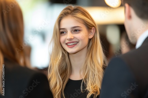 Wallpaper Mural young woman with a confident smile interacts with professionals at a networking event, embodying openness and a strong networking purpose. Torontodigital.ca
