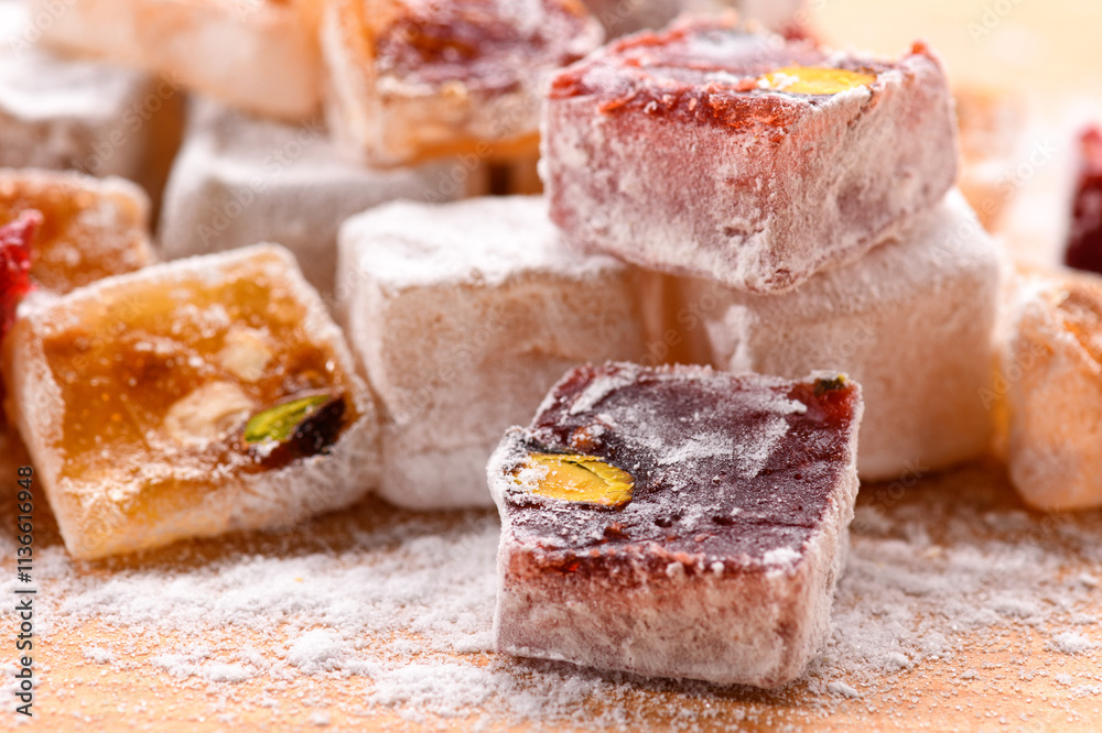 Sweet food Turkish delight, assorted rahat locum in form of cubes with nuts and powdered sugar, traditional food Sweet food Turkish delight, assorted rahat locum in form of cubes with nuts and powdered sugar, traditional food