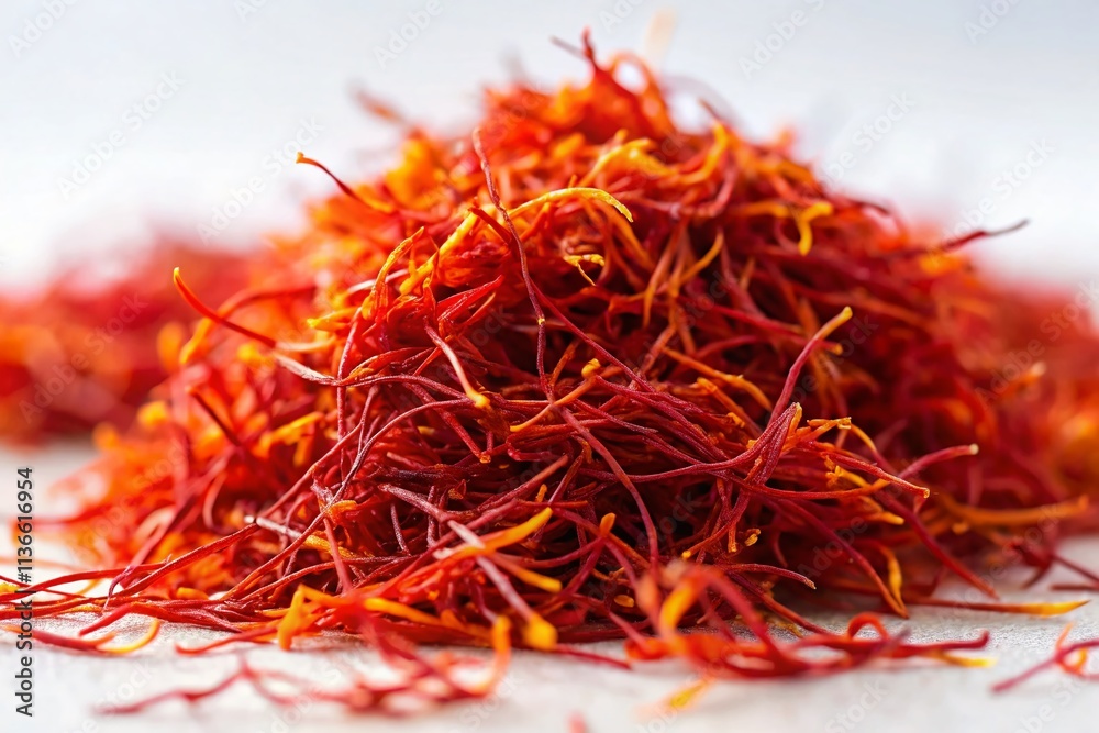 Naklejka premium Saffron Threads, Luxurious Spice, Red Yellow Saffron, Premium Saffron, Culinary Photography, Food Photography, Spice Photography, White Background