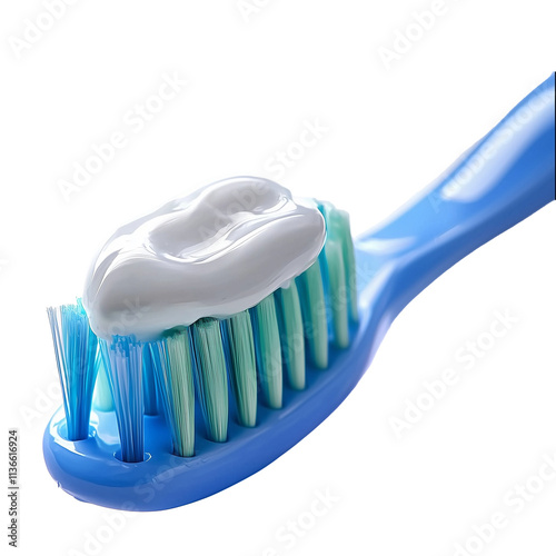 Toothpaste on a toothbrush isolated on transparent or white background. Cutout