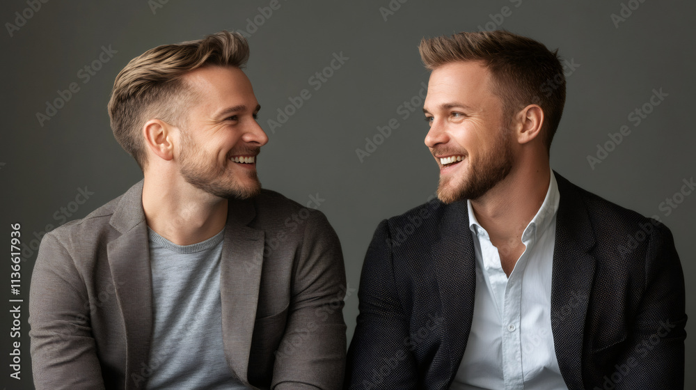 Two happy businessmen sharing a light-hearted moment filled with smiles and laughter Two happy businessmen sharing a light-hearted moment filled with smiles and laughter
