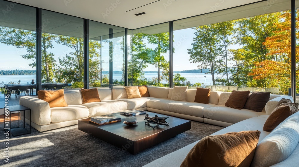 Fototapeta premium Modern living room with lake view, sectional sofa, large windows, and coffee table.