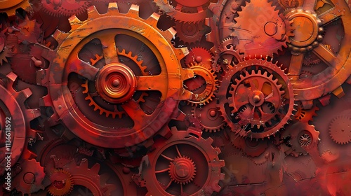 A digital piece featuring interlocking gears in various shades of red and orange photo