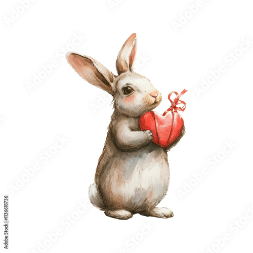 cute bunny holding heart shaped gift vector illustration in watercolor style