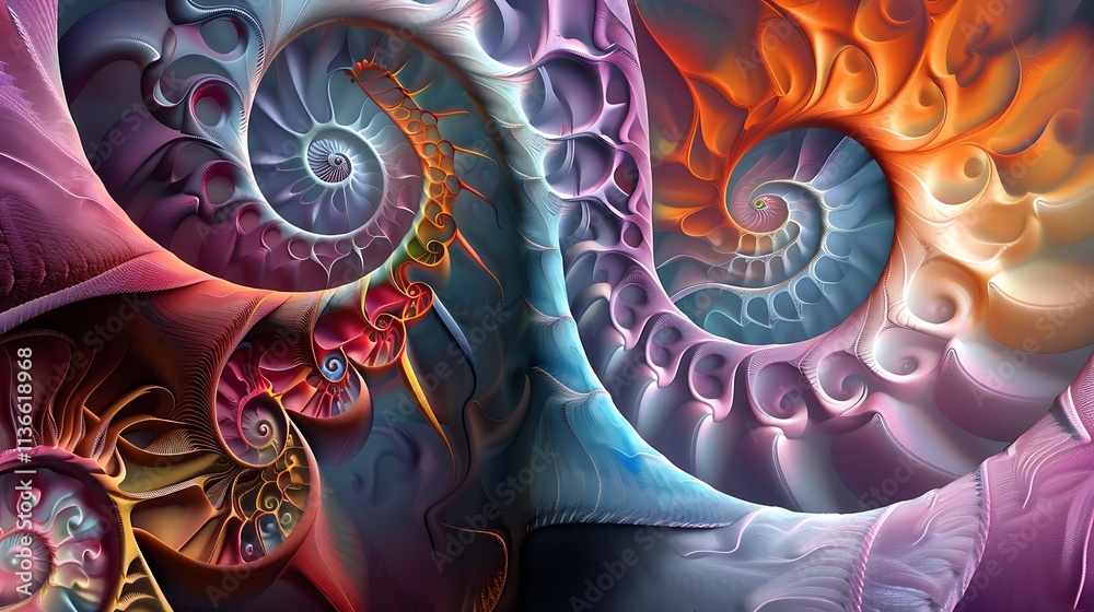 A digital piece with interwoven spiral shapes in contrasting colors A digital piece with interwoven spiral shapes in contrasting colors