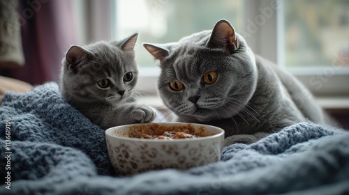 Grey British Shorthair cats share food on a blanket