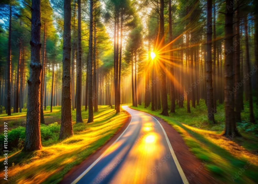 Serene Pine Forest Bicycle Path Long Exposure Photography - Tranquil Nature Scene Serene Pine Forest Bicycle Path Long Exposure Photography - Tranquil Nature Scene