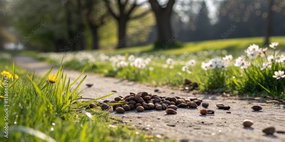 Fototapeta premium A pile of brown nuts scattered along a gravel pathway, with green grass and a blurred background of white flowers, in a park setting.