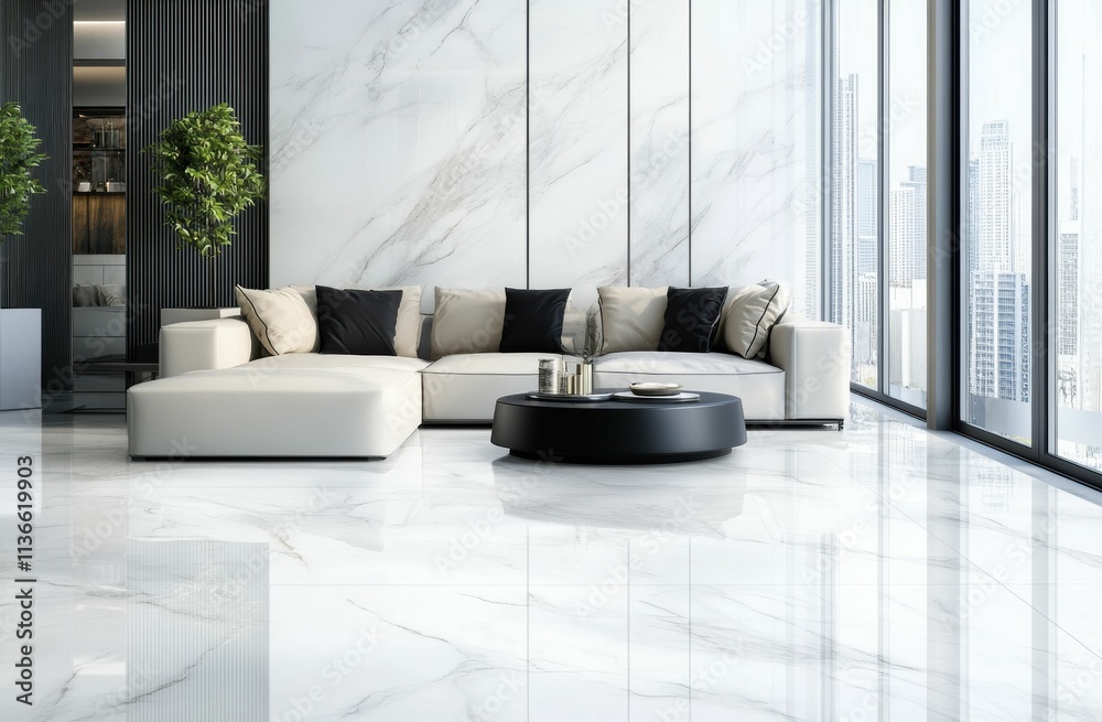 Featuring glossy white marble floors and walls with modern decor, this interior radiates sophistication and luxury, perfect for elite residential or commercial environments. Featuring glossy white marble floors and walls with modern decor, this interior radiates sophistication and luxury, perfect for elite residential or commercial environments.