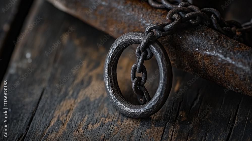 Close-up view of an antique iron chain link on a rustic wooden surface Close-up view of an antique iron chain link on a rustic wooden surface