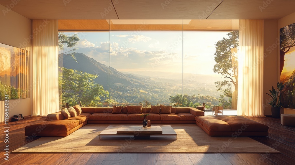 Fototapeta premium Stunning modern living room with panoramic mountain view at sunset through large windows