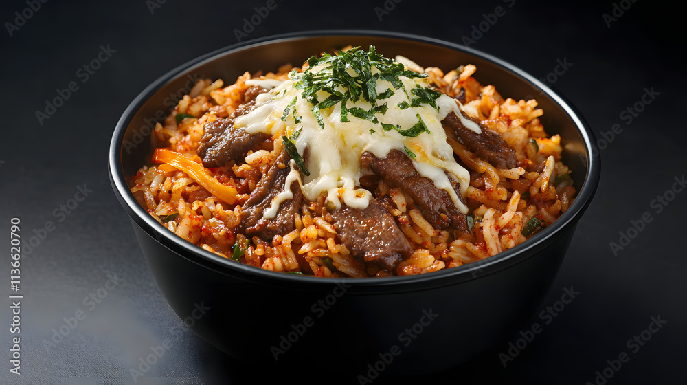 A Vibrant Arrangement of Kimchi Fried Rice with Savory Beef and Cheese in a Minimalist Black Lunch Box A Vibrant Arrangement of Kimchi Fried Rice with Savory Beef and Cheese in a Minimalist Black Lunch Box