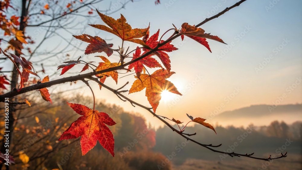 Autumnal Maple Leaves Glowing in the Morning Sun, Silhouetted Against a Foggy Landscape Autumnal Maple Leaves Glowing in the Morning Sun, Silhouetted Against a Foggy Landscape