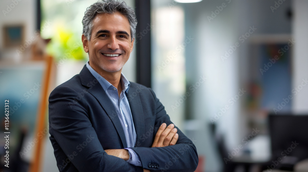 Confident businessman displaying leadership and success, smiling with crossed arms in a modern office environment Confident businessman displaying leadership and success, smiling with crossed arms in a modern office environment