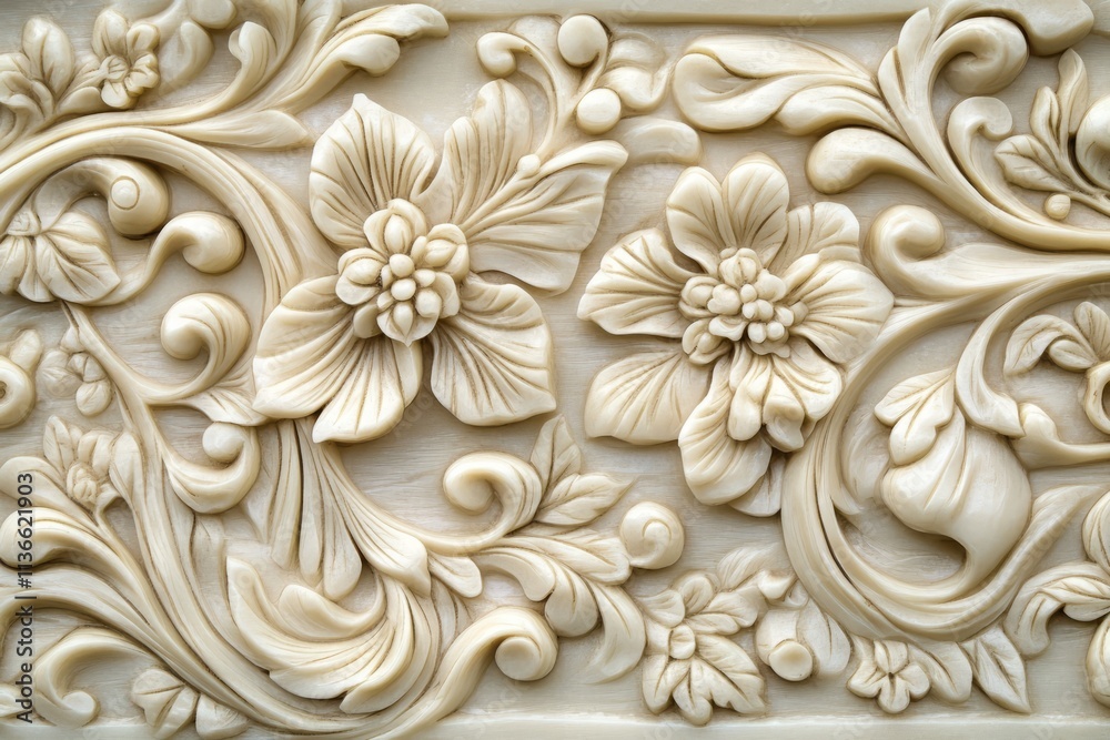 Intricate floral ivory carving showcasing detailed craftsmanship and elegant design elements Intricate floral ivory carving showcasing detailed craftsmanship and elegant design elements