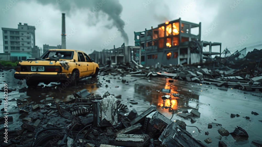 A yellow taxi abandoned in a desolate urban wasteland, with flaming ruins and smoke rising in a grim atmosphere. natural disaster area, Devastation A yellow taxi abandoned in a desolate urban wasteland, with flaming ruins and smoke rising in a grim atmosphere. natural disaster area, Devastation