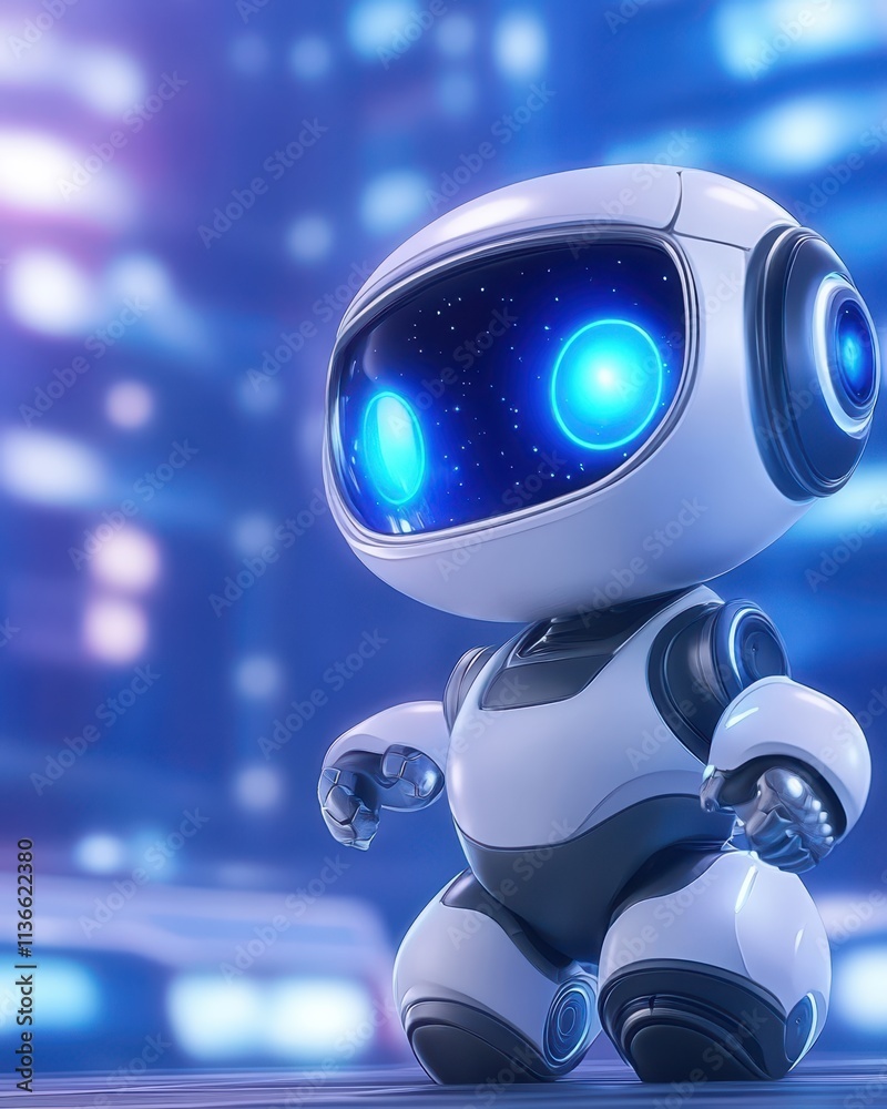 Cute Astro Bot Exploring a Futuristic City at Nighttime Under Glowing Neon Lights Cute Astro Bot Exploring a Futuristic City at Nighttime Under Glowing Neon Lights