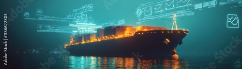 A illuminated cargo ship navigating through digital waters at night.