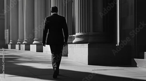 man in suit walking away from courthouse