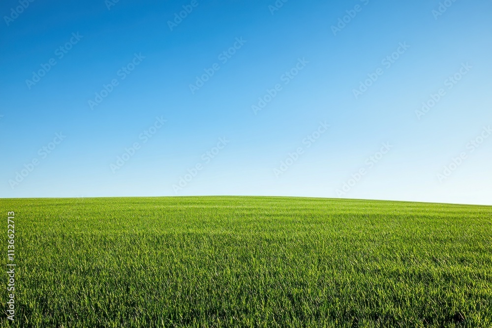 Fototapeta premium Vast green field under a bright blue sky with endless horizon and fresh grass
