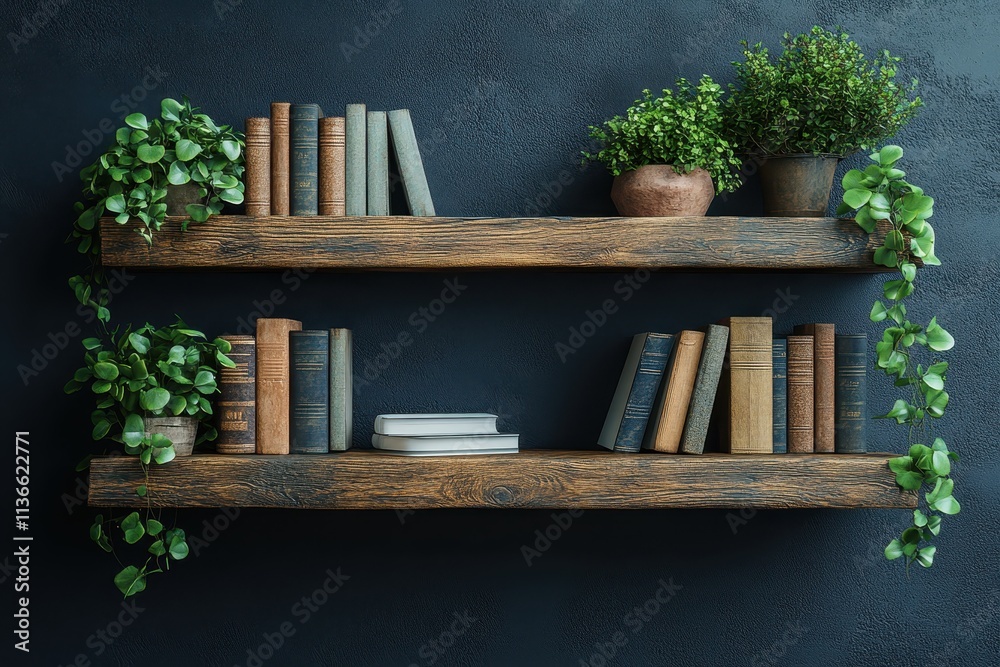 Stylish wooden shelves filled with books and decor in a modern interior space. Stylish wooden shelves filled with books and decor in a modern interior space.