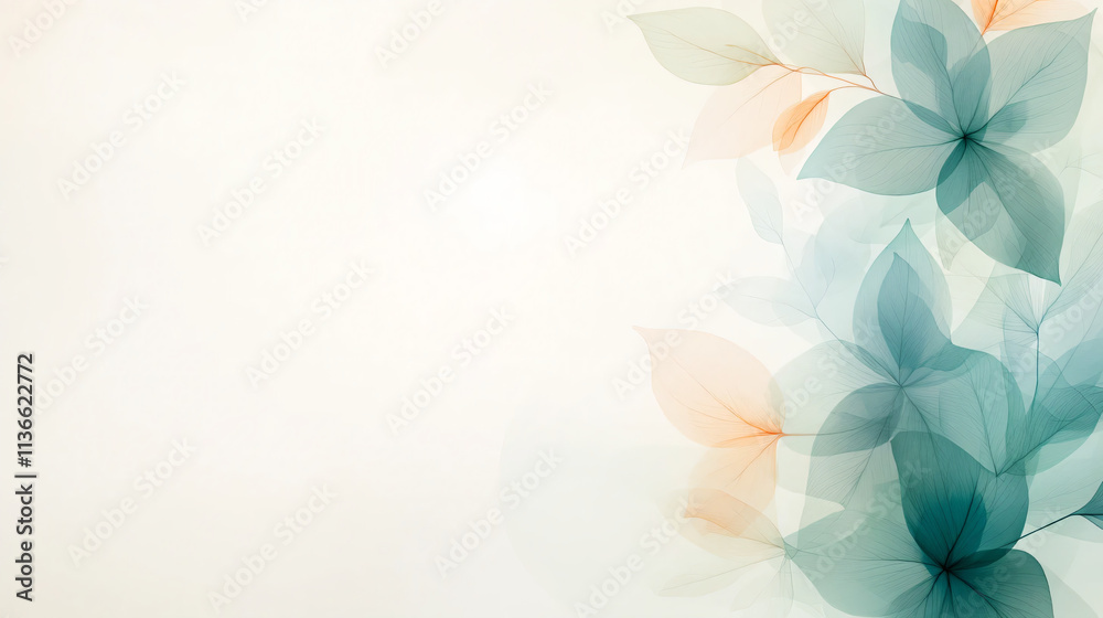 Obraz premium Soft gradient floral background with translucent leaves and flowers design with copy space,