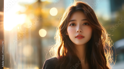 Beautiful young korean woman with long brown hair, basking in the warm glow of golden hour sunlight in a portrait