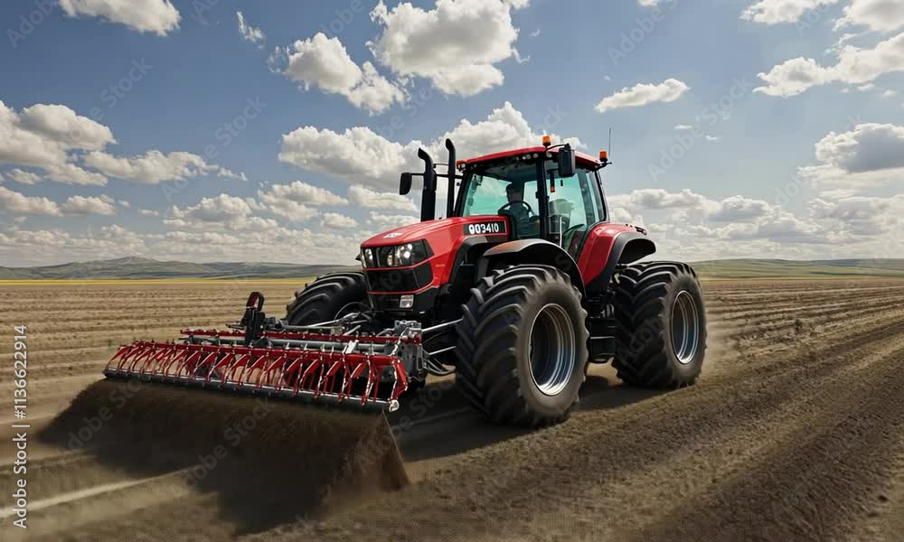 Powerful Red Tractor Cultivating a Field Under a Cloudy Sky Powerful Red Tractor Cultivating a Field Under a Cloudy Sky