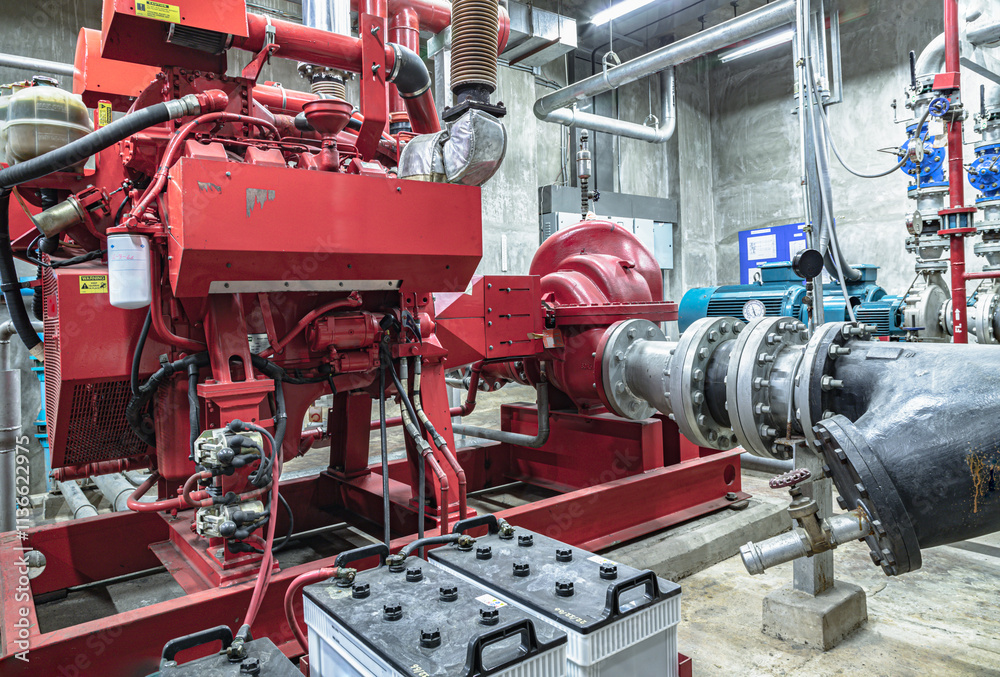 Fire protection system of Condominium. Red generator pump for water sprinkler piping and Fire alarm control system, Electric fire pump and Diesel fire pump for Fire fighting system, Copy space, Select