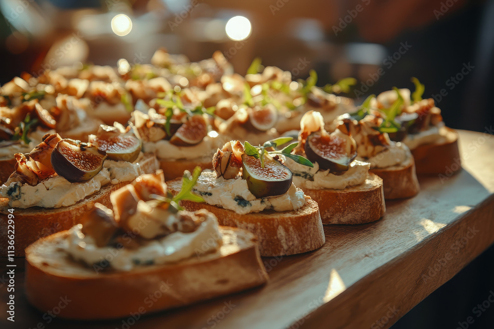Gourmet bruschetta topped with figs and nuts, beautifully arranged for an elegant presentation. Gourmet bruschetta topped with figs and nuts, beautifully arranged for an elegant presentation.