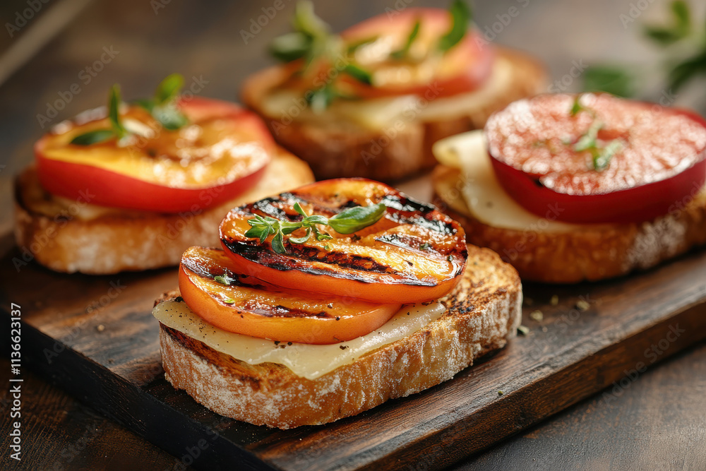 Grilled tomato and cheese sandwiches on toasted bread, garnished with herbs.