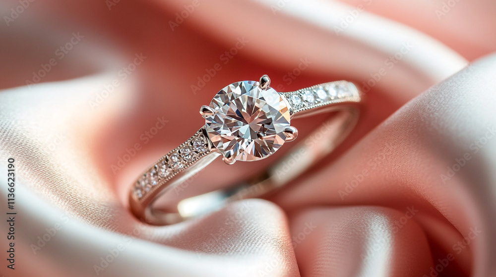 Elegant engagement ring displayed on soft satin fabric in warm lighting Elegant engagement ring displayed on soft satin fabric in warm lighting
