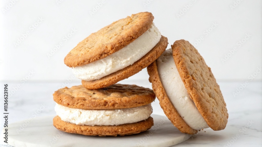 Three golden brown cookies filled with creamy vanilla ice cream, stacked on a white marble surface Three golden brown cookies filled with creamy vanilla ice cream, stacked on a white marble surface