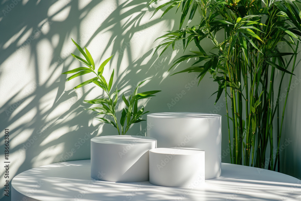 Minimalist display with white cylindrical objects and green plants casting shadows. Minimalist display with white cylindrical objects and green plants casting shadows.