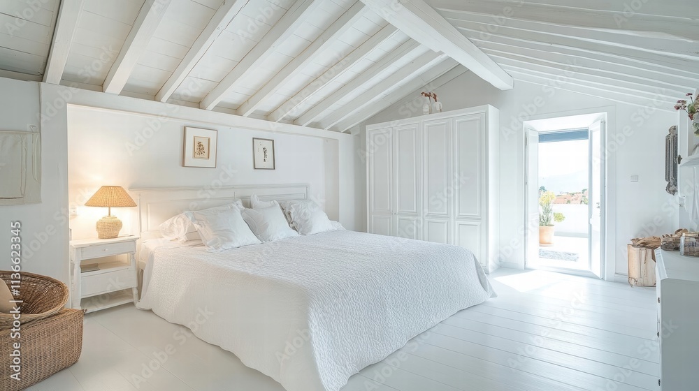white bedroom with wooden beams and balcony view white bedroom with wooden beams and balcony view