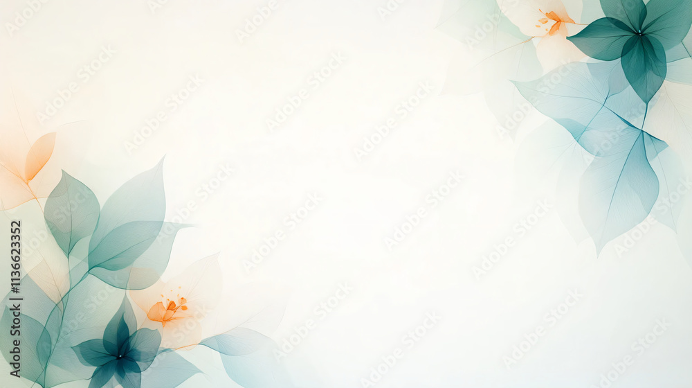 Obraz premium Soft gradient floral background with translucent leaves and flowers design with copy space,