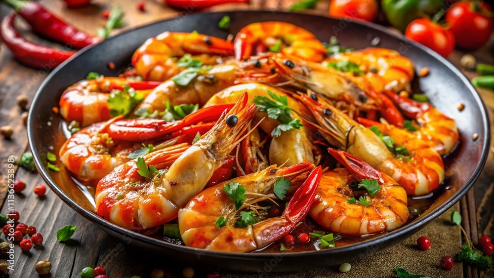 Sizzling Chili Garlic Butter Prawns - High-Resolution Food Photography Sizzling Chili Garlic Butter Prawns - High-Resolution Food Photography