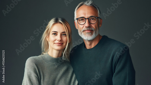 Professional business duo exuding confidence and teamwork in a studio portrait against a modern gray backdrop