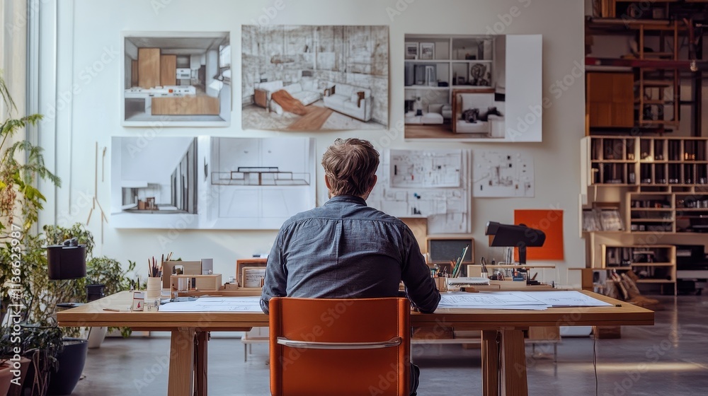 Architect Workspace with Blueprints and Design Plans