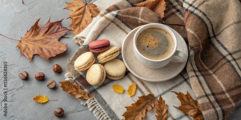 A cup of coffee, a handful of macarons, and autumn leaves on a cozy plaid blanket A cup of coffee, a handful of macarons, and autumn leaves on a cozy plaid blanket