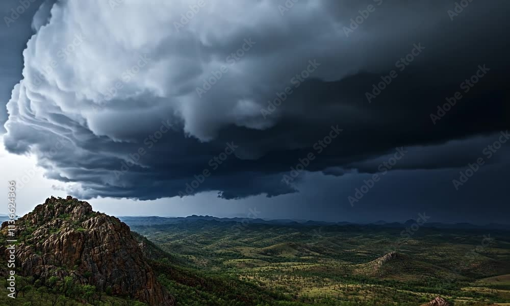 Immense shelf cloud over rolling hills and rocky outcrop