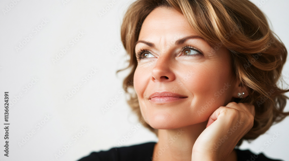 Middle-aged businesswoman exuding hope and confidence while smiling and looking up, against a white background Middle-aged businesswoman exuding hope and confidence while smiling and looking up, against a white background