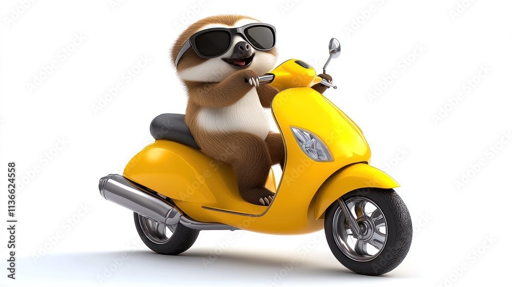 A cartoon sloth wearing sunglasses rides a bright yellow scooter, exuding a fun and playful vibe. A cartoon sloth wearing sunglasses rides a bright yellow scooter, exuding a fun and playful vibe.