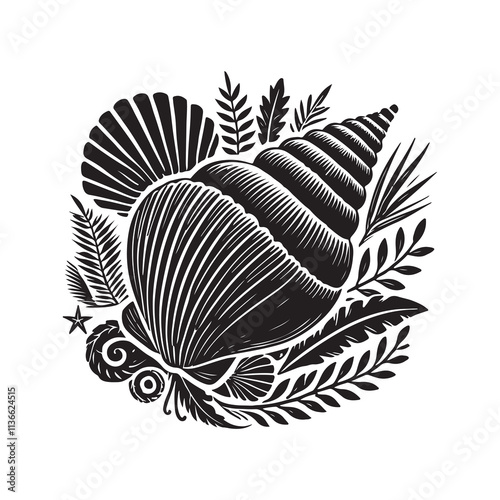 Seashell Silhouette Vector Illustration, Solid White Background.