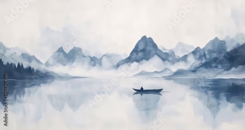 Serene misty lake landscape with lone boatman and mountains.