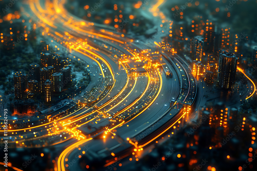 Aerial view of cityscape at night with illuminated roads and buildings Aerial view of cityscape at night with illuminated roads and buildings