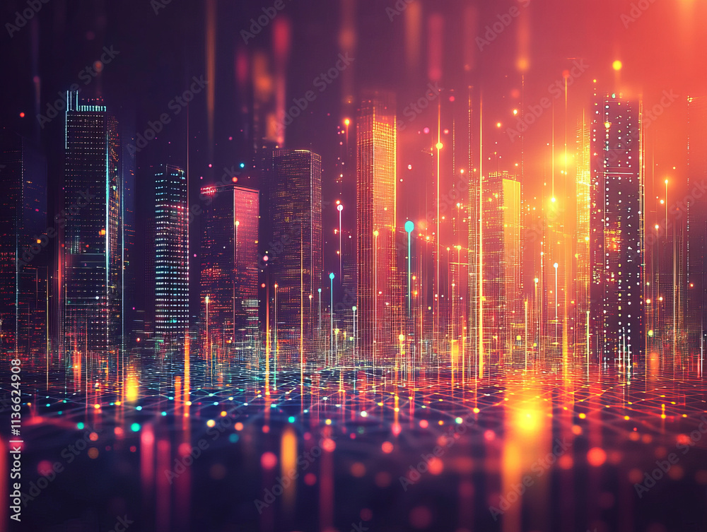 Futuristic city skyline with glowing lights and abstract patterns