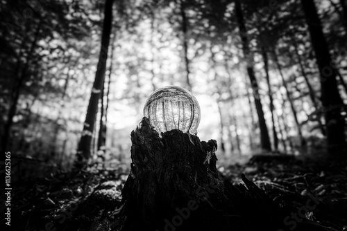 A mystical and enchanting forest characterized by a captivating glowing sphere of light